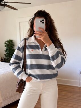 SUNDRY Sail Collar Striped Sweatshirt White Blue Size XS